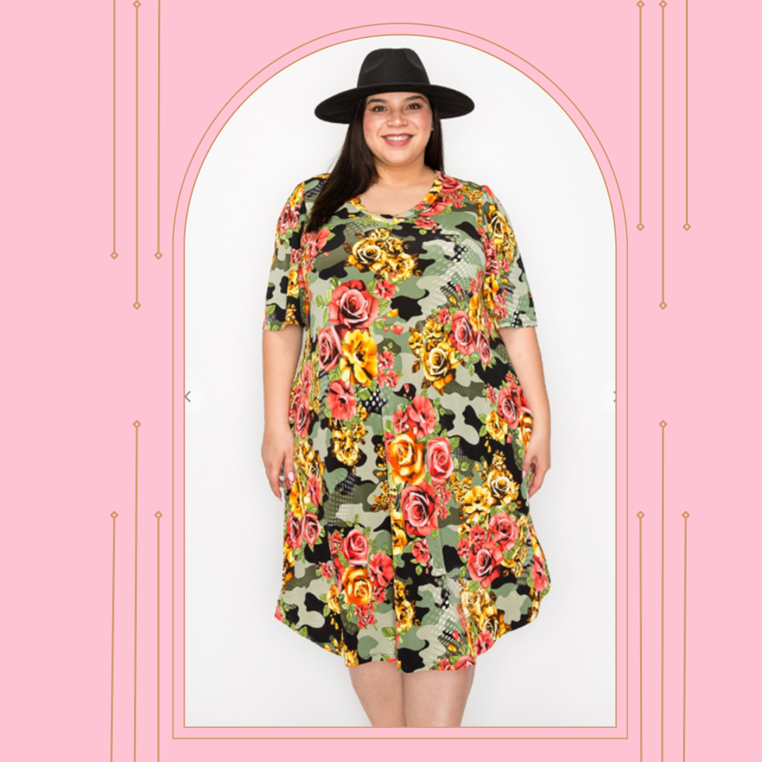 NEW! Green Camo/Roses Dress: 1X-3X