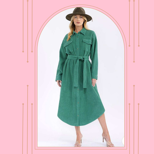 NEW! "Georgia"  "OVERSIZED" Green Corduroy Shirt Dress: S-L