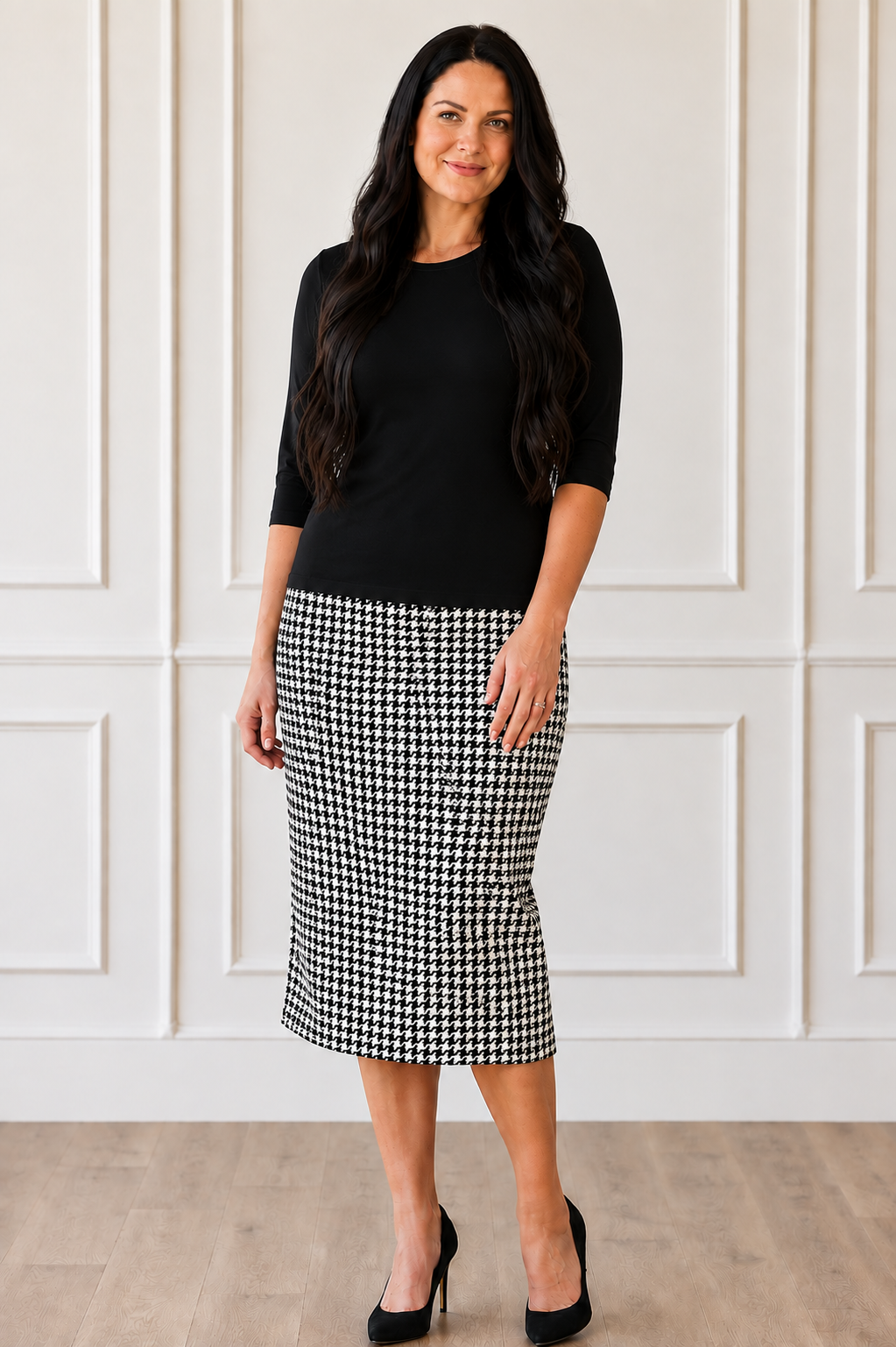 NEW! Black Velveteen Houndstooth Pencil Skirt: S-3X