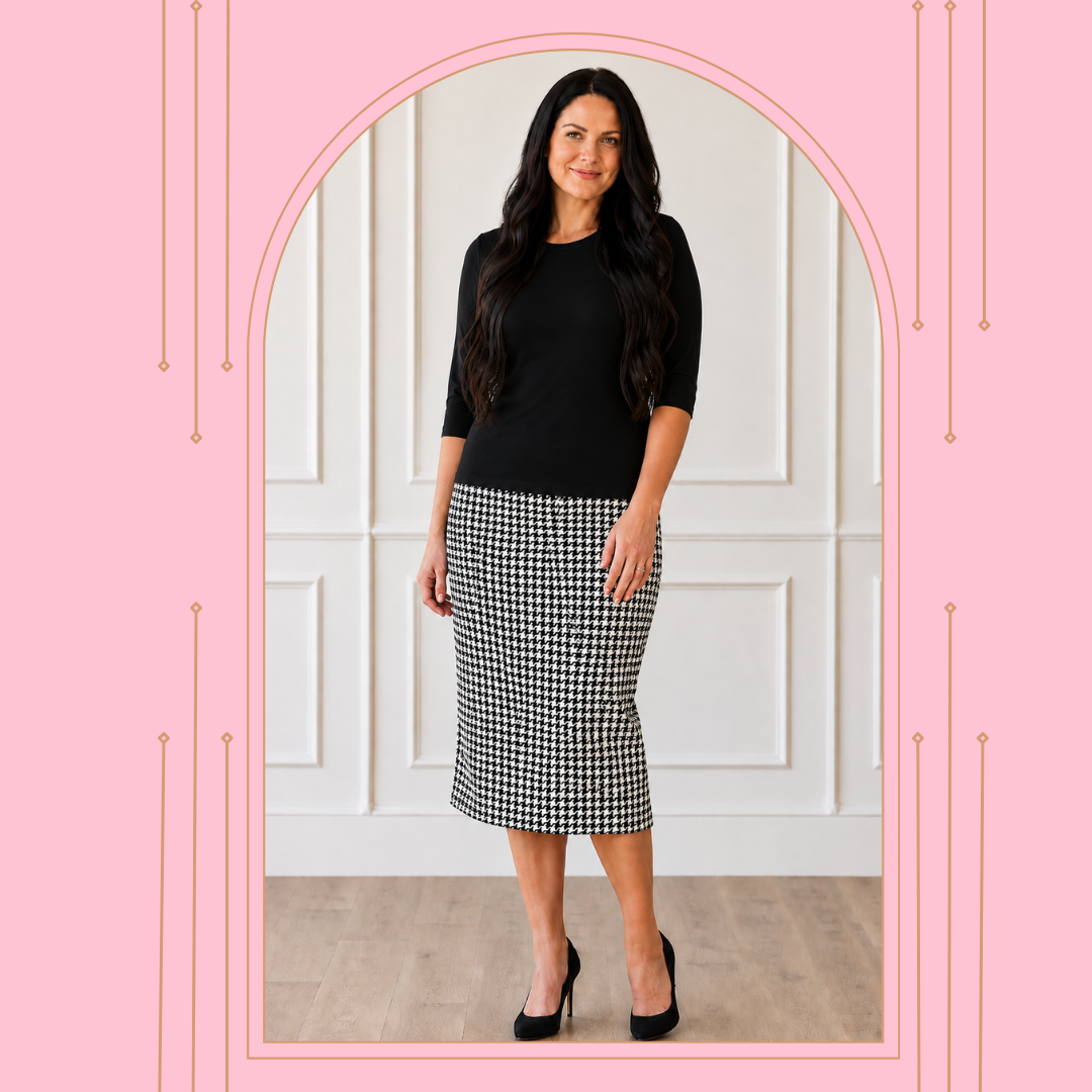 NEW! Black Velveteen Houndstooth Pencil Skirt: S-3X