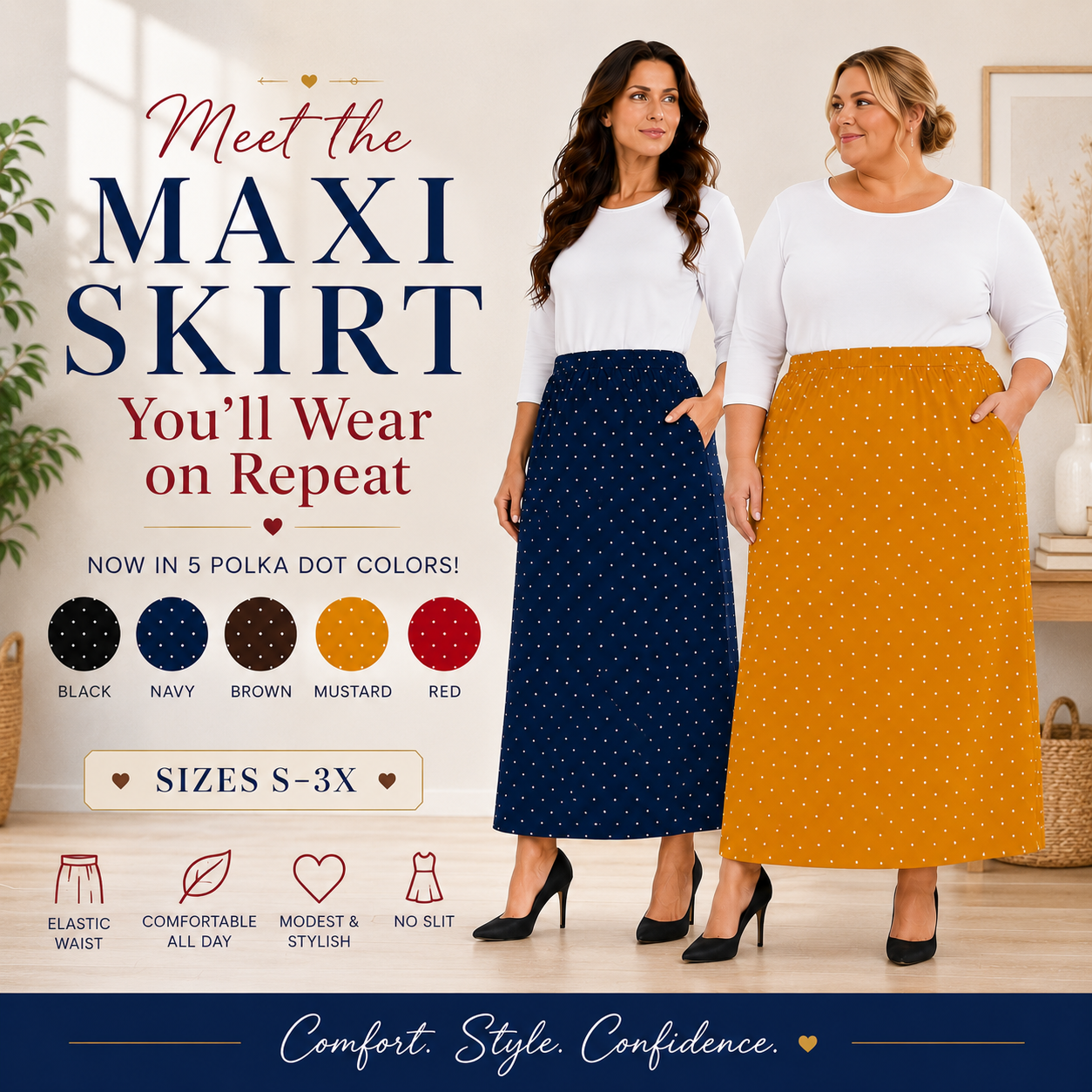 Pre-Order: Navy Polka Dot  Maxi Skirt: S-3X  Arriving In Stock: Late July
