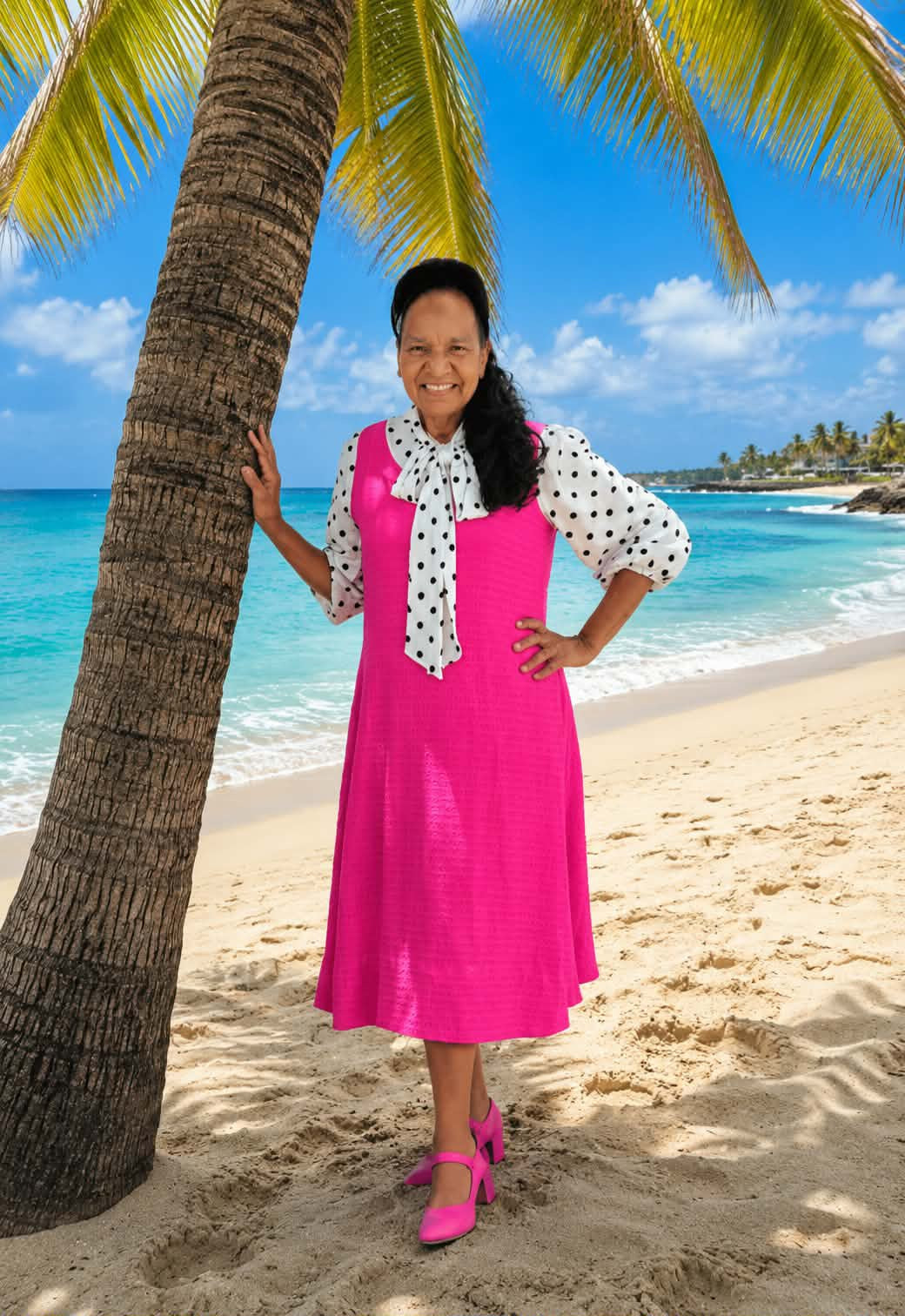 NEW! "Heather" Fuchsia/White Polka Bow Dress: S-3X. In Stock!
