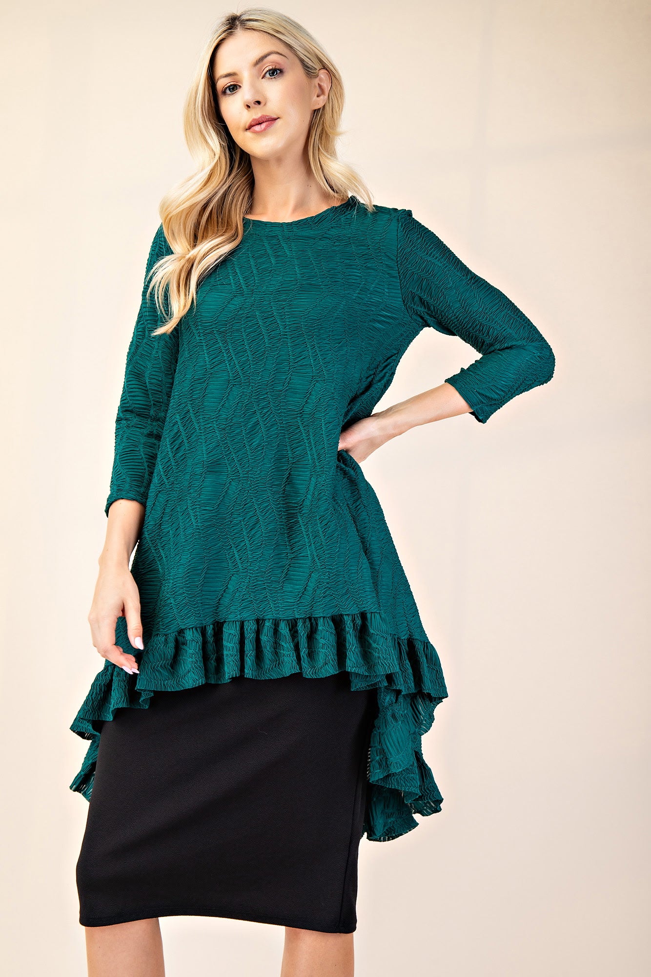 New! Hunter Green Textured Hi/Lo Top:  S-3X Arriving in Stock: 10/2