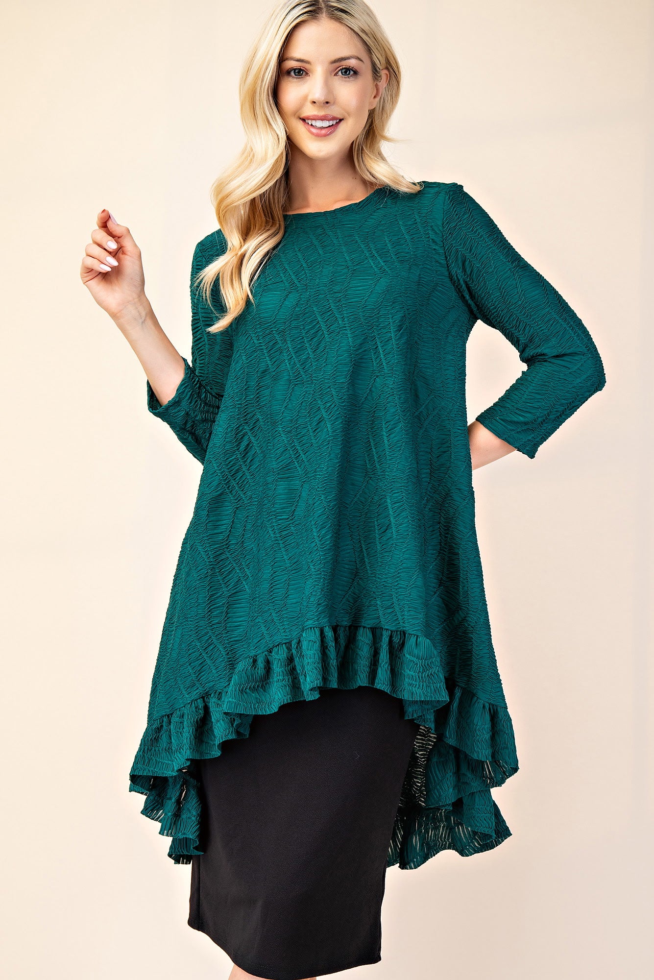 New! Hunter Green Textured Hi/Lo Top:  S-3X Arriving in Stock: 10/2