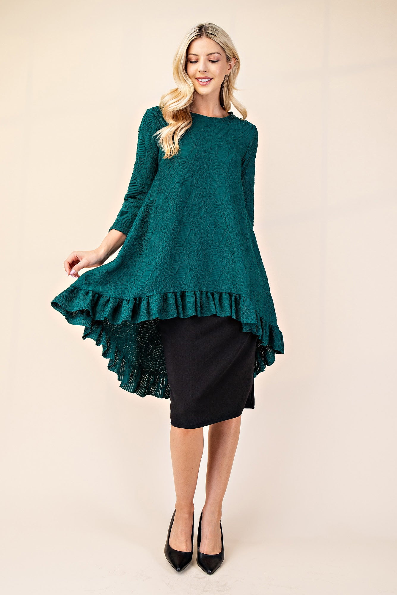 New! Hunter Green Textured Hi/Lo Top:  S-3X Arriving in Stock: 10/2