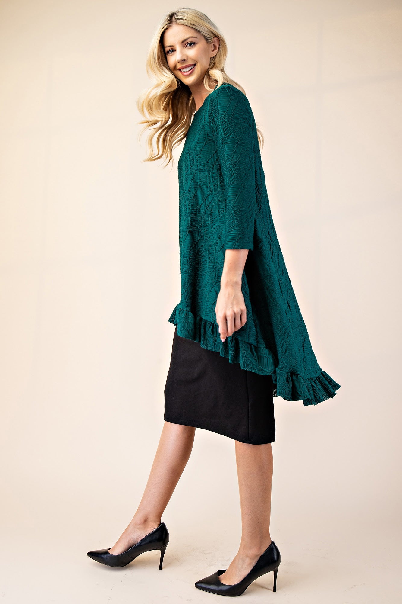 New! Hunter Green Textured Hi/Lo Top:  S-3X Arriving in Stock: 10/2