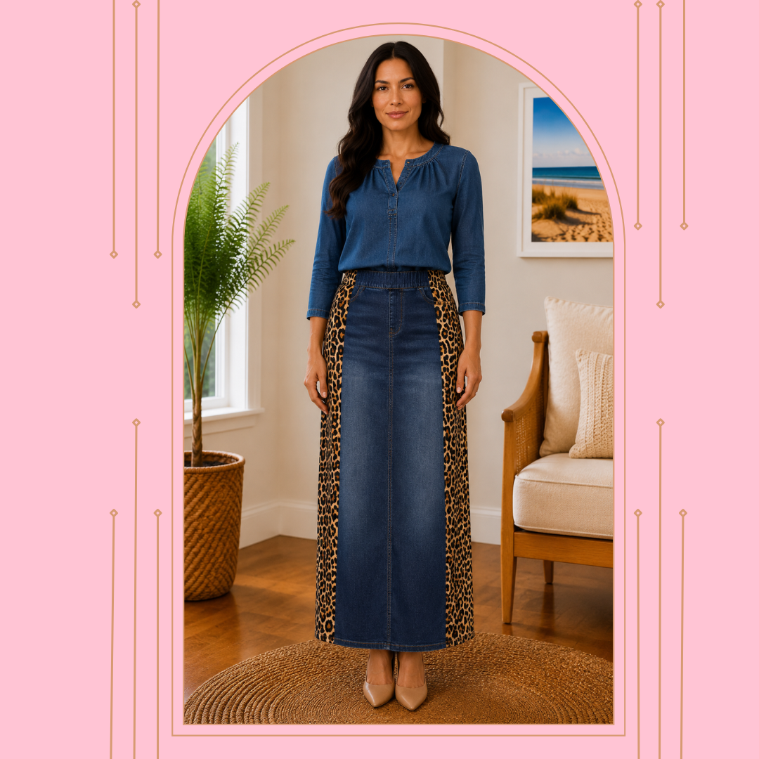NEW! Indigo Denim/Leopard Maxi  (36") Jean Skirt: S-3X