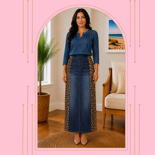 NEW! Indigo Denim/Leopard Maxi  (36") Jean Skirt: S-3X