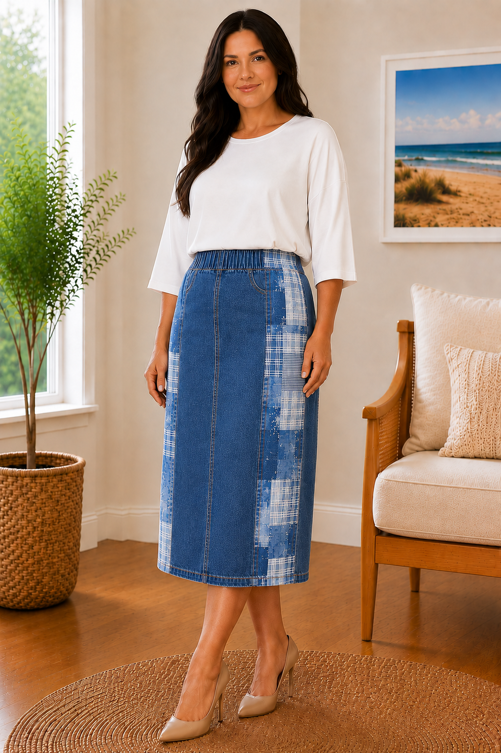 NEW! Blue Patchwork Elastic Waist Jean Skirt- S-5X (Length: 27")