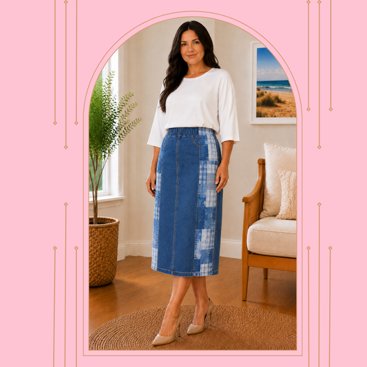 NEW! Blue Patchwork Elastic Waist Jean Skirt- S-5X (Length: 27")