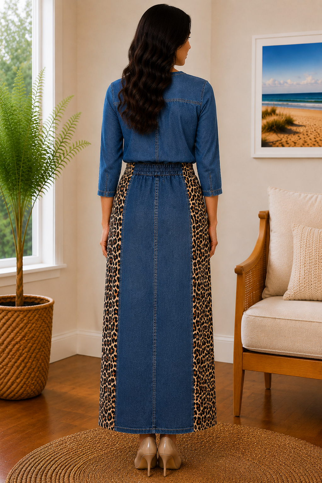 NEW! Indigo Denim/Leopard Maxi  (36") Jean Skirt: S-3X