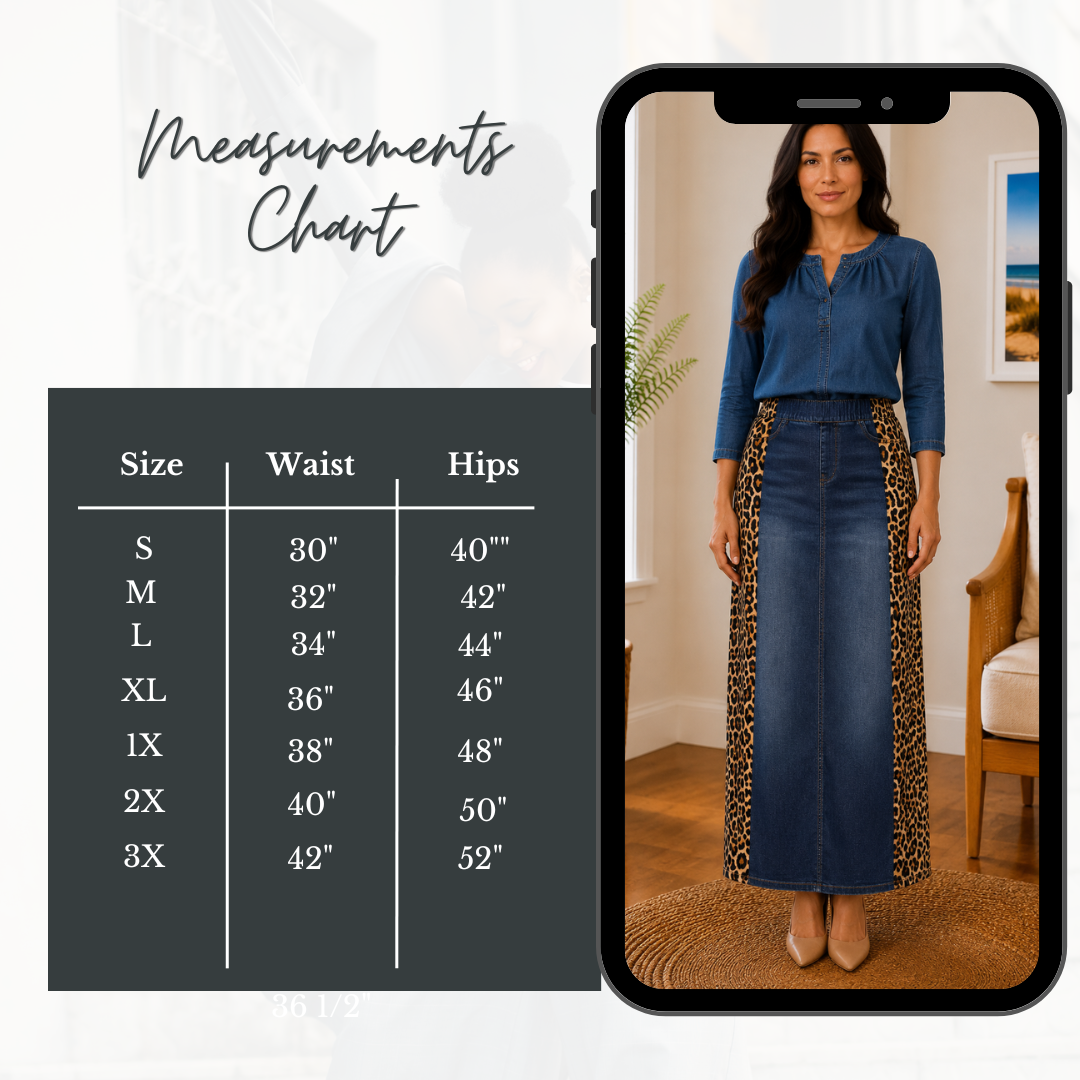 NEW! Indigo Denim/Leopard Maxi  (36") Jean Skirt: S-3X
