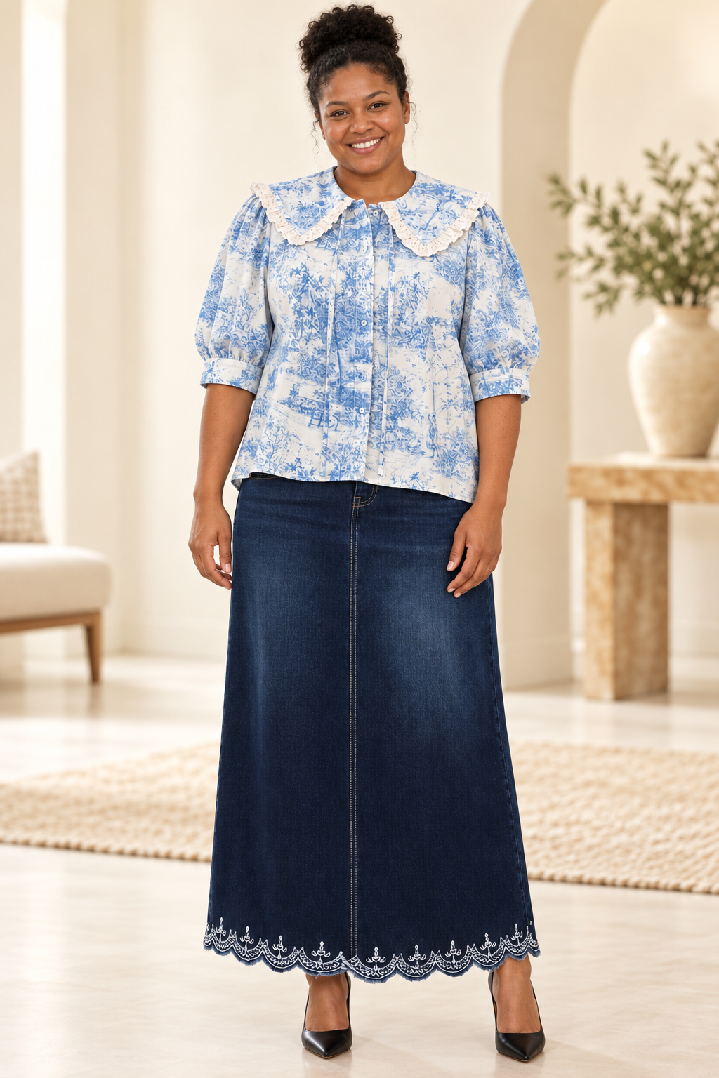 “ Lacey” (Elastic Waist) Maxi Denim Skirt: XS-3X. (Arriving In Stock: 10/25)