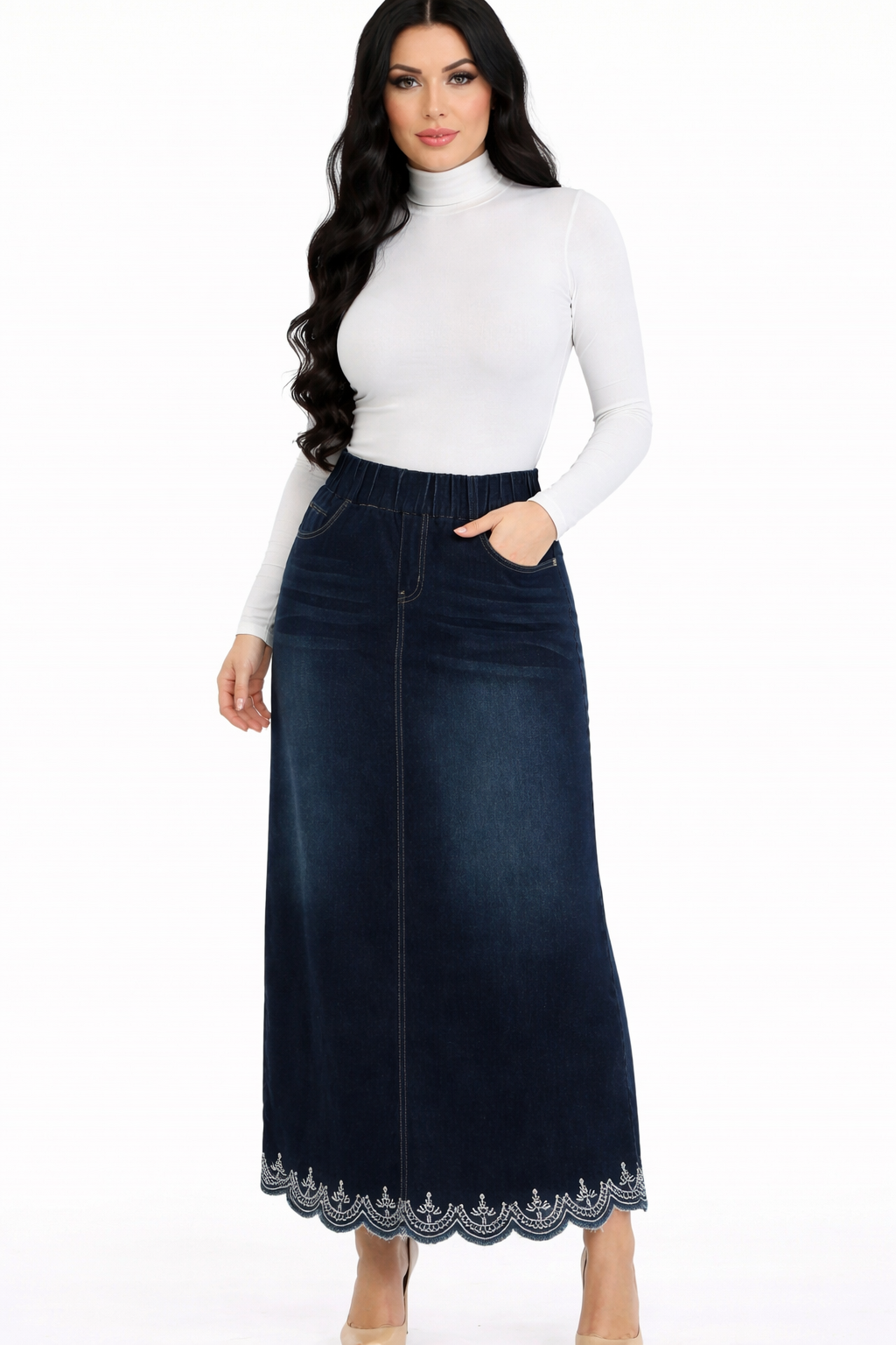 “Lacey” (Elastic Waist) Maxi Denim Skirt: S-M, XL & 3X  Best Selling! ( Can Be Returned For Size Exchange Only!)