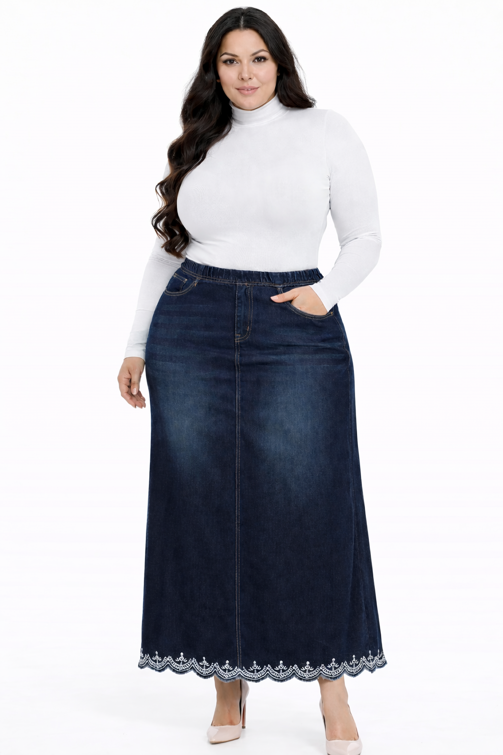 “Lacey” (Elastic Waist) Maxi Denim Skirt: XS-5X Arriving Back In Stock: 2/24