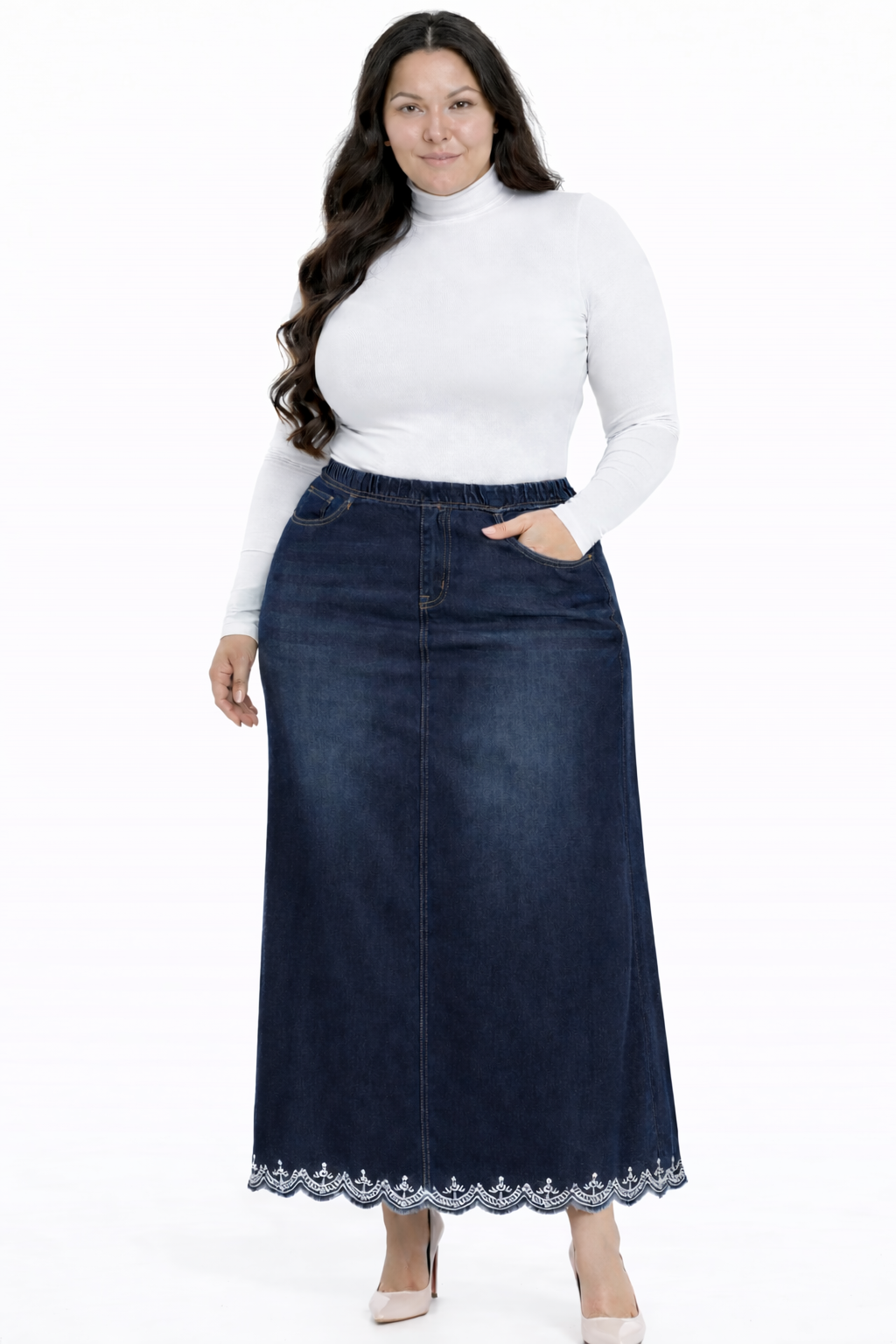 “ Lacey” (Elastic Waist) Maxi Denim Skirt: XS-5X. Arriving in Stock 4/20