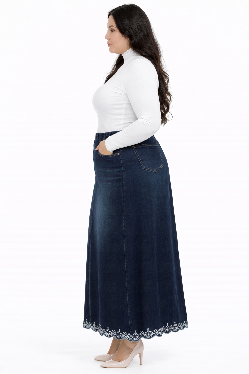 “Lacey” (Elastic Waist) Maxi Denim Skirt: XS-5X Arriving Back In Stock: 2/24