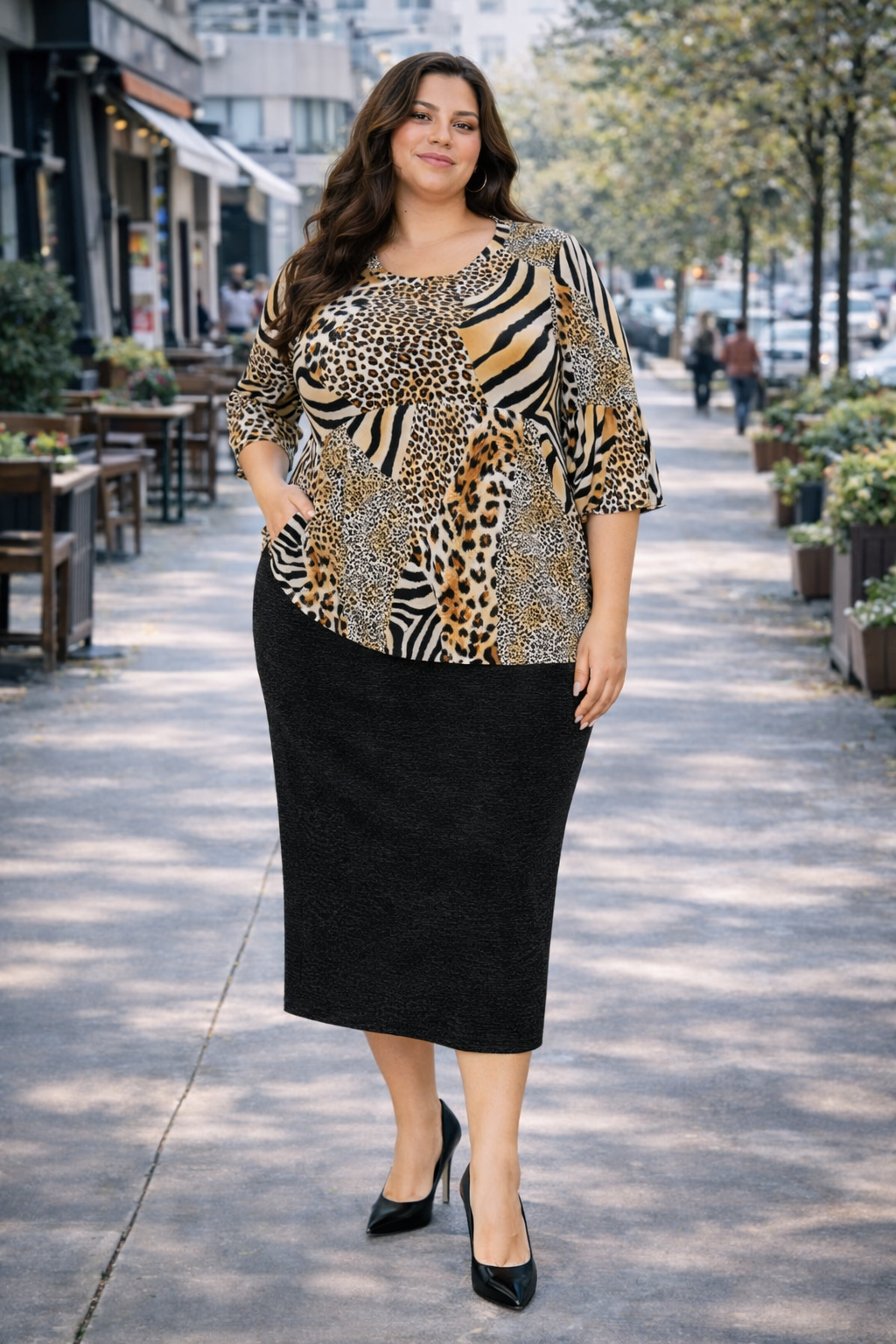 Leopard Print Ruffle Sleeve Top: 4X-5X FINAL SALE! Cannot Be Returned!