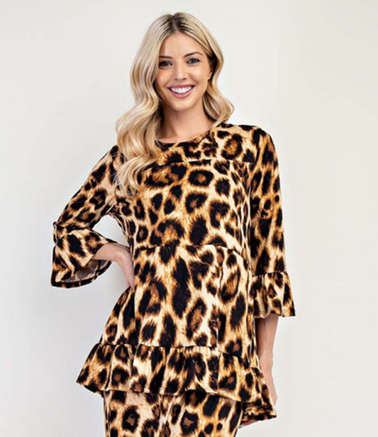 NEW! Leopard Print Ruffle Tiered Top: S-3X. Best Selling!