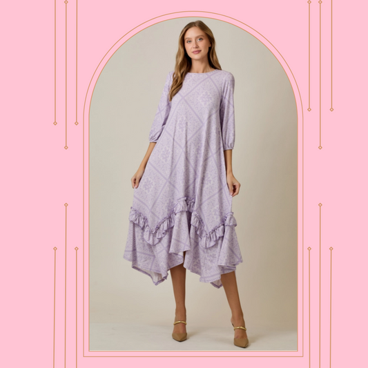 NEW!  Pre-Order: Lilac Print Dress: S-3X  Arriving in stock: 5/15