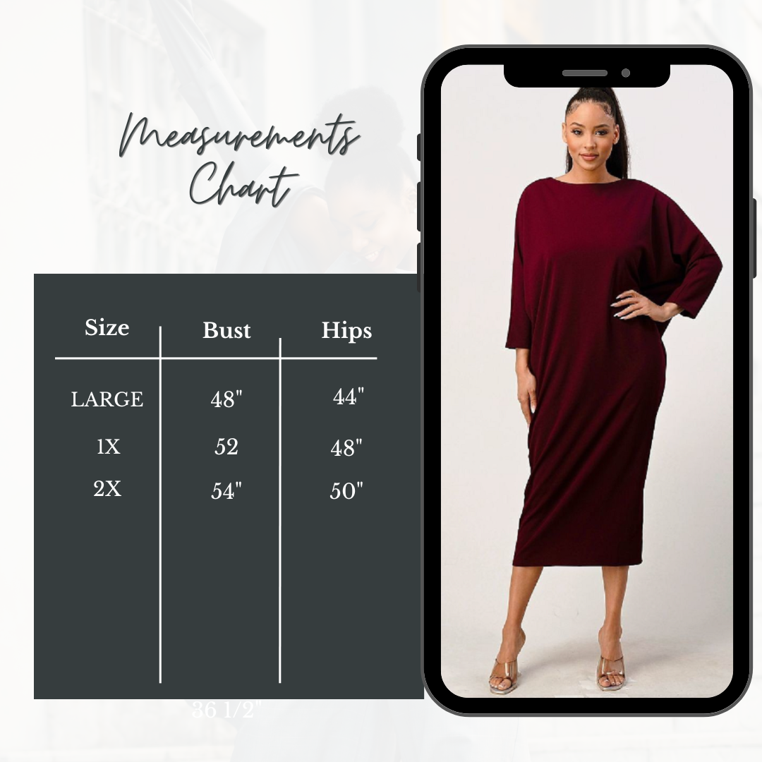 Burgundy Dolman Sleeve Dress: L & 1X. FINAL SALE! Cannot Be Returned!