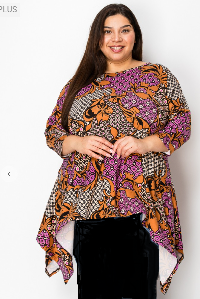 NEW! Multi-Print Top With Side Drape: 1X-3X  Arriving In Stock: 2/21