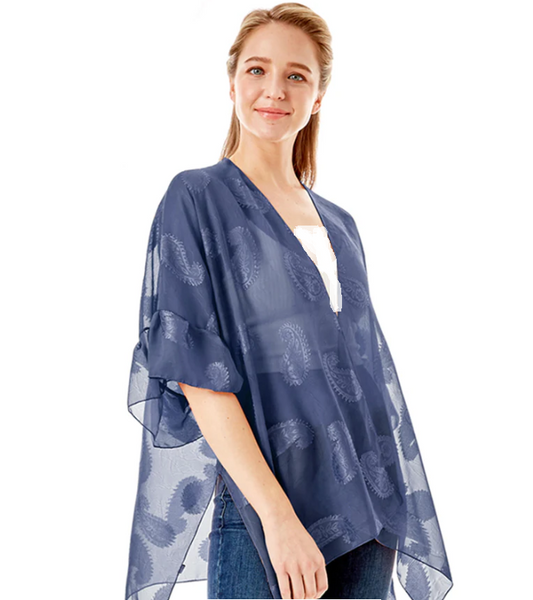 NEW! Navy Soft Black Or Ivory, Paisley Sheer Ruffle Sleeve Kimono!