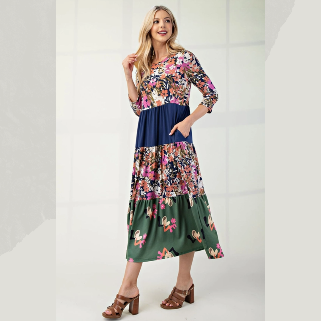 NEW! FLORAL MIX TIERED MIDI DRESS  Navy Floral S-3X  Arriving In Stock: 11/16