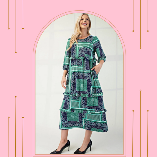 PATCHWORK MIDI DRESS WITH POCKETS : Navy/Green Paisley : S-3X  Arriving In Stock: November 16