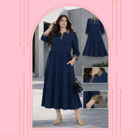 Pre-Order: NEW!  "Lauren" Navy/Leopard Tiered  Dress S-3X  Arriving In Stock: Mid-Late March.