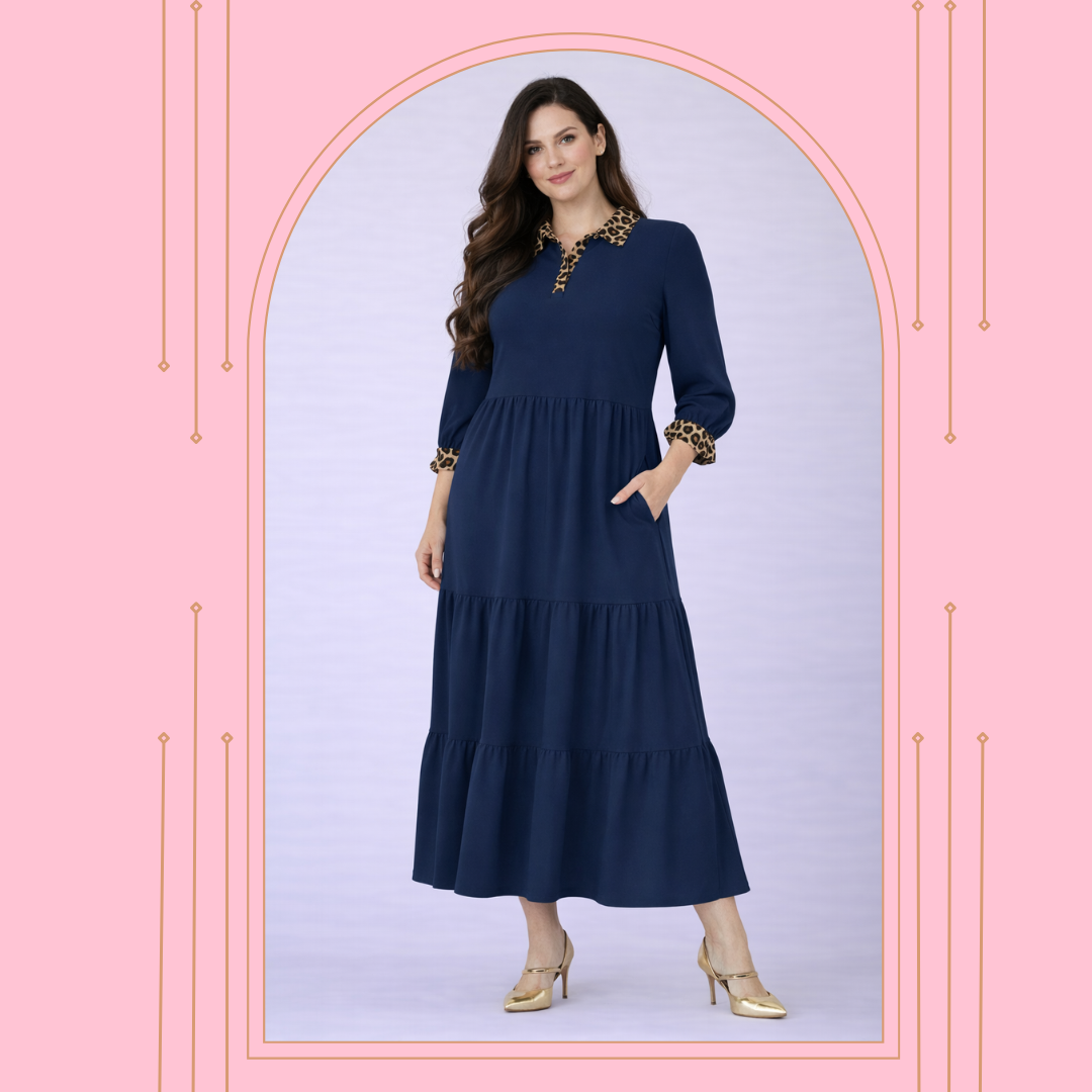 Pre-Order: NEW!  "Lauren" Navy/Leopard Tiered  Dress S-3X  Arriving In Stock: Mid-Late March.