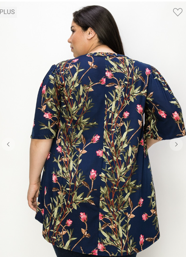 NEW! Navy/Pink Floral  "V" Neck Top: 1X-3X