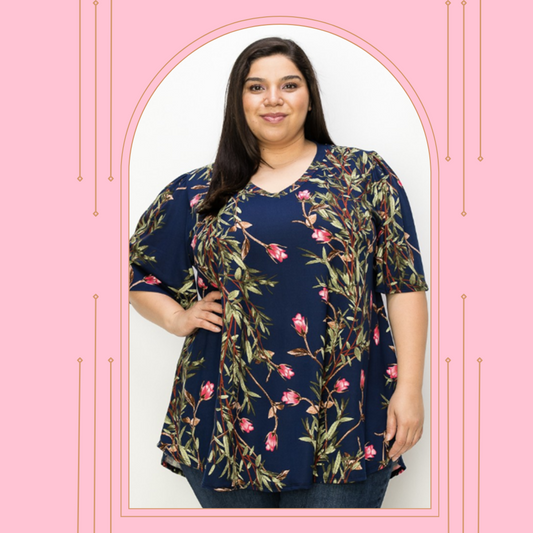 NEW! Navy/Pink Floral  "V" Neck Top: 1X-3X