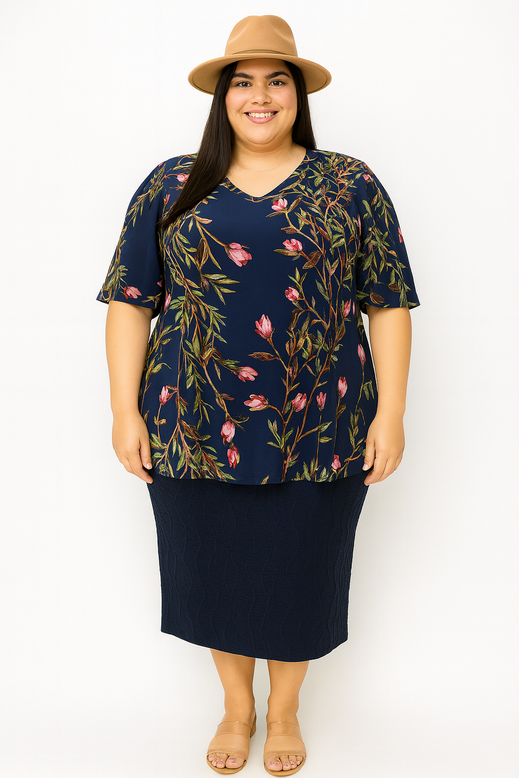 NEW! Navy/Pink Floral  "V" Neck Top: 1X-3X