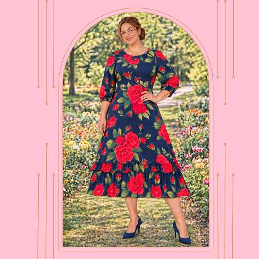 Pre-Order-New! "Scarlet" Navy/Red Roses Print Dress: S-3X (Arriving In Stock: Oct 24)