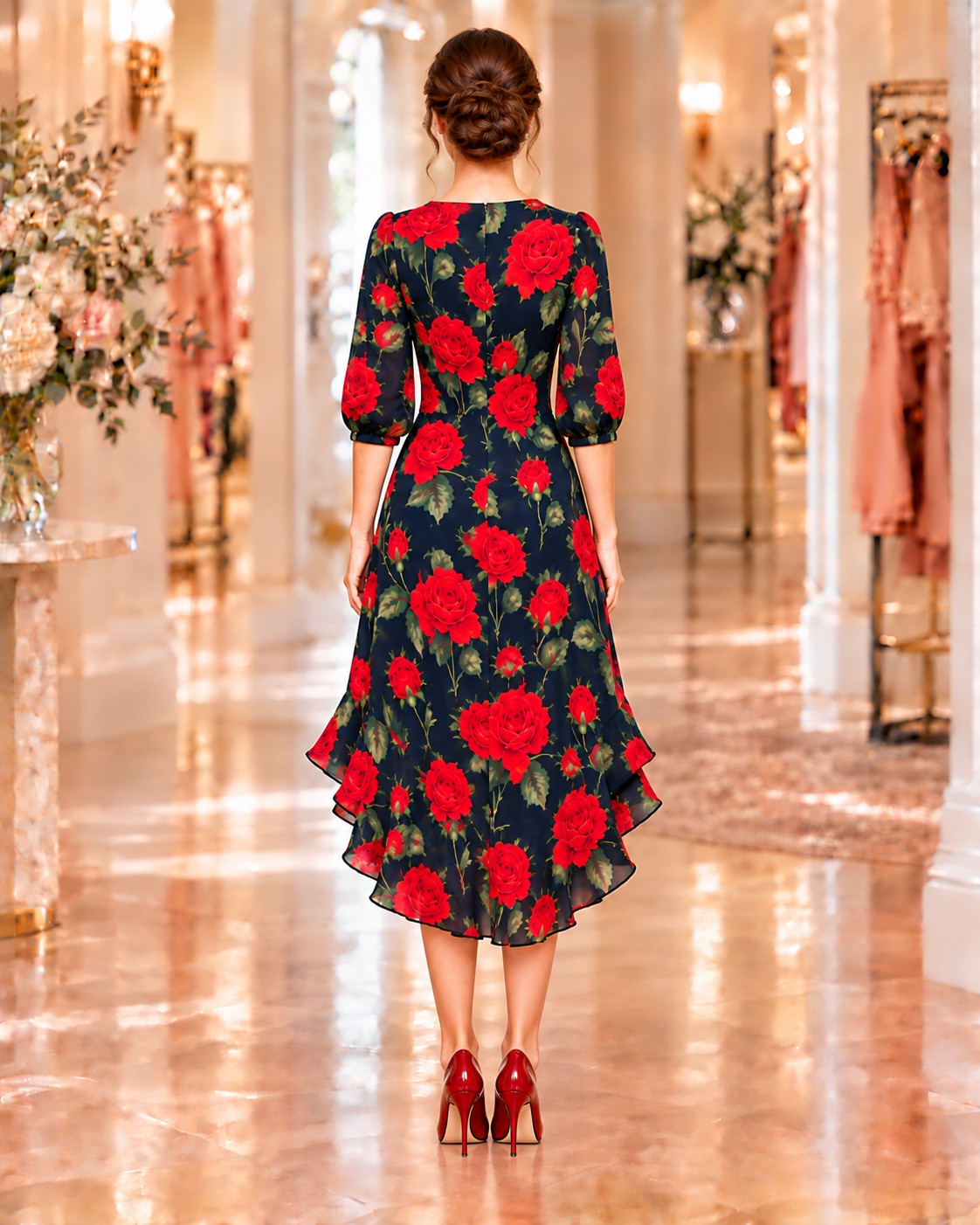 Pre-Order-New! "Scarlet" Navy/Red Roses Print Dress: S-3X (Arriving Late Oct)