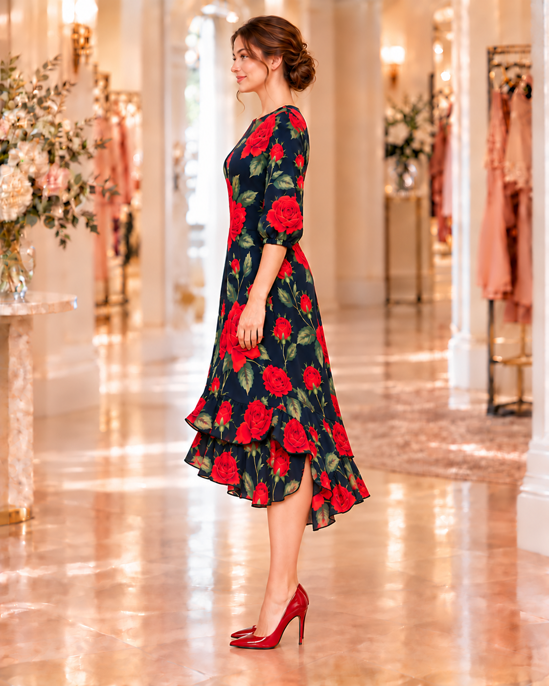 Pre-Order-New! "Scarlet" Navy/Red Roses Print Dress: S-3X (Arriving Late Oct)