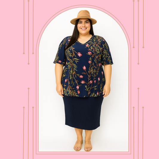 NEW! Navy/Pink Floral  "V" Neck Top: 1X-3X