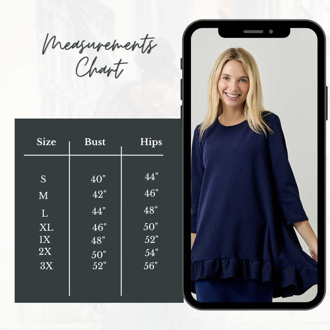 NEW! Navy Ruffle Tunic Top: S-3X  Arriving In Stock: 9/18