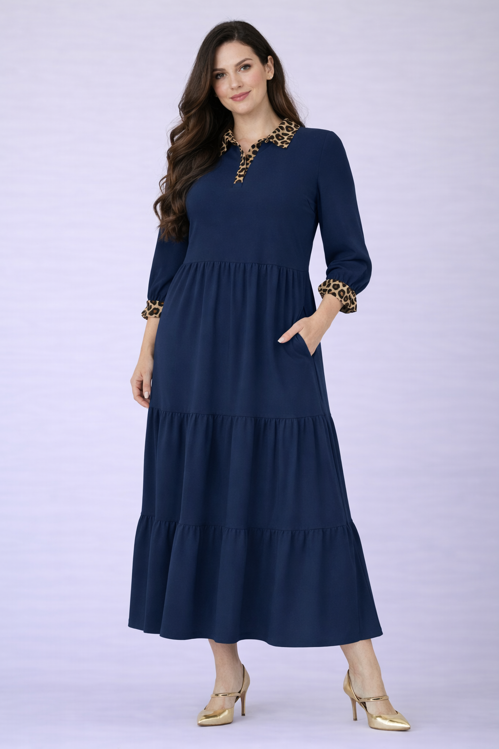 Pre-Order: NEW!  "Lauren" Navy/Leopard Tiered  Dress S-3X  Arriving In Stock: Mid-Late March.