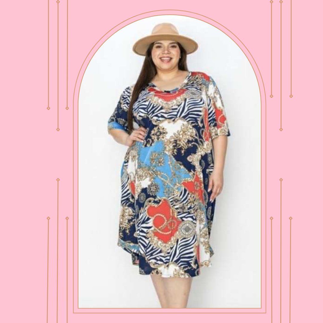 NEW! Navy Multi Print Ex-Plus Dress: 3X-5X
