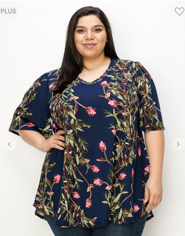 NEW! Navy/Pink Floral  "V" Neck Top: 1X-3X