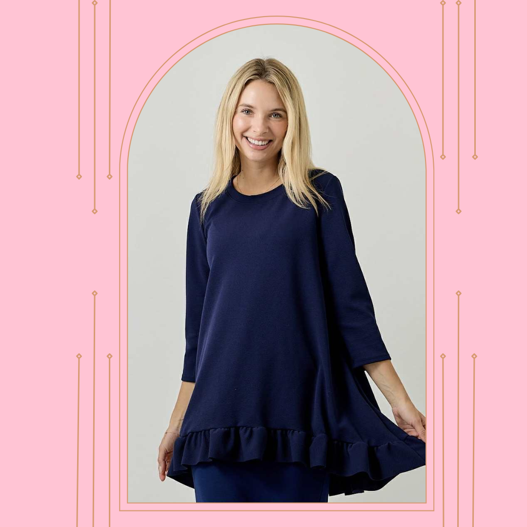 NEW! Navy Ruffle Tunic Top: S-3X  Arriving In Stock: 9/18