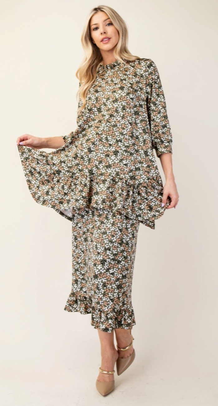 Olive Floral Print SKIRT : 1X-3X