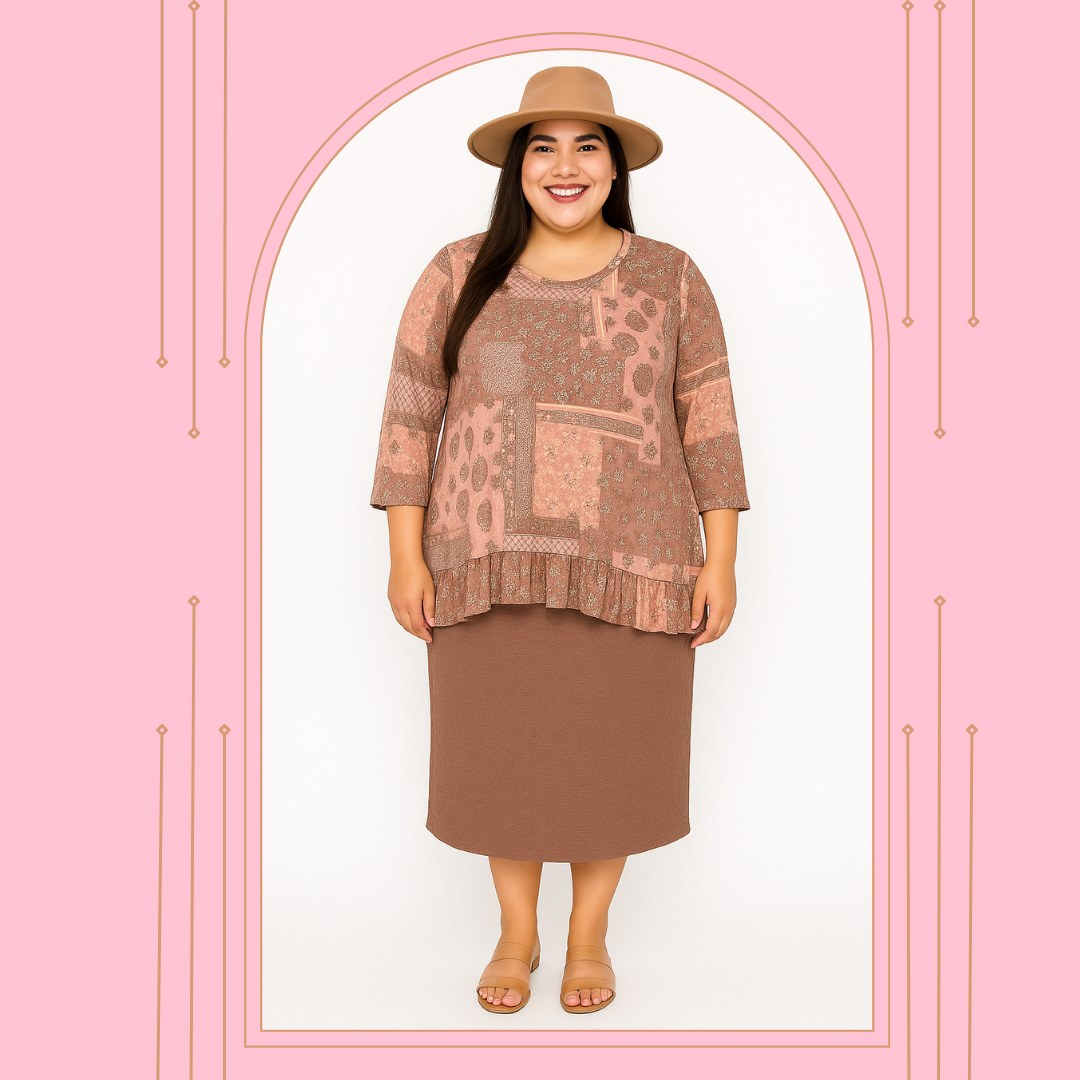 New! Peach Print Top: 1X-3X