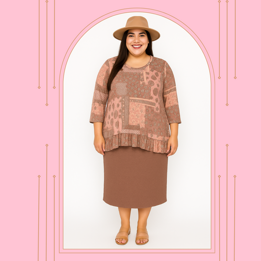 New! Peach Print Top: 1X-3X