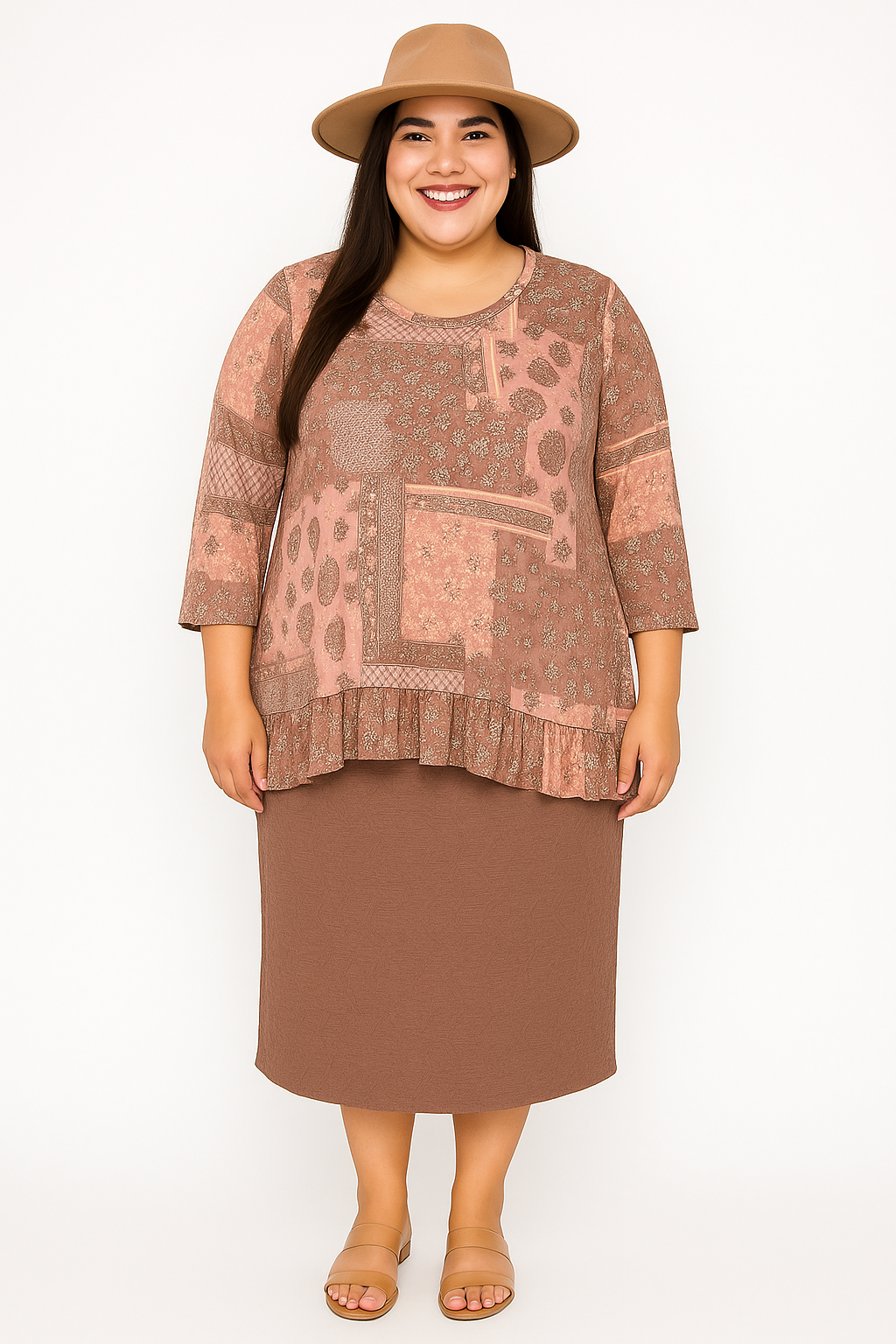 New! Peach Print Top: 1X-3X