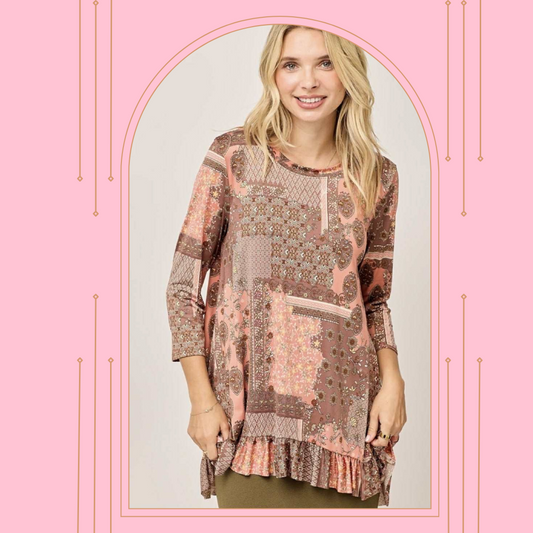 New! Peach Print Top: 1X-3X. Arriving at Stock 9/17