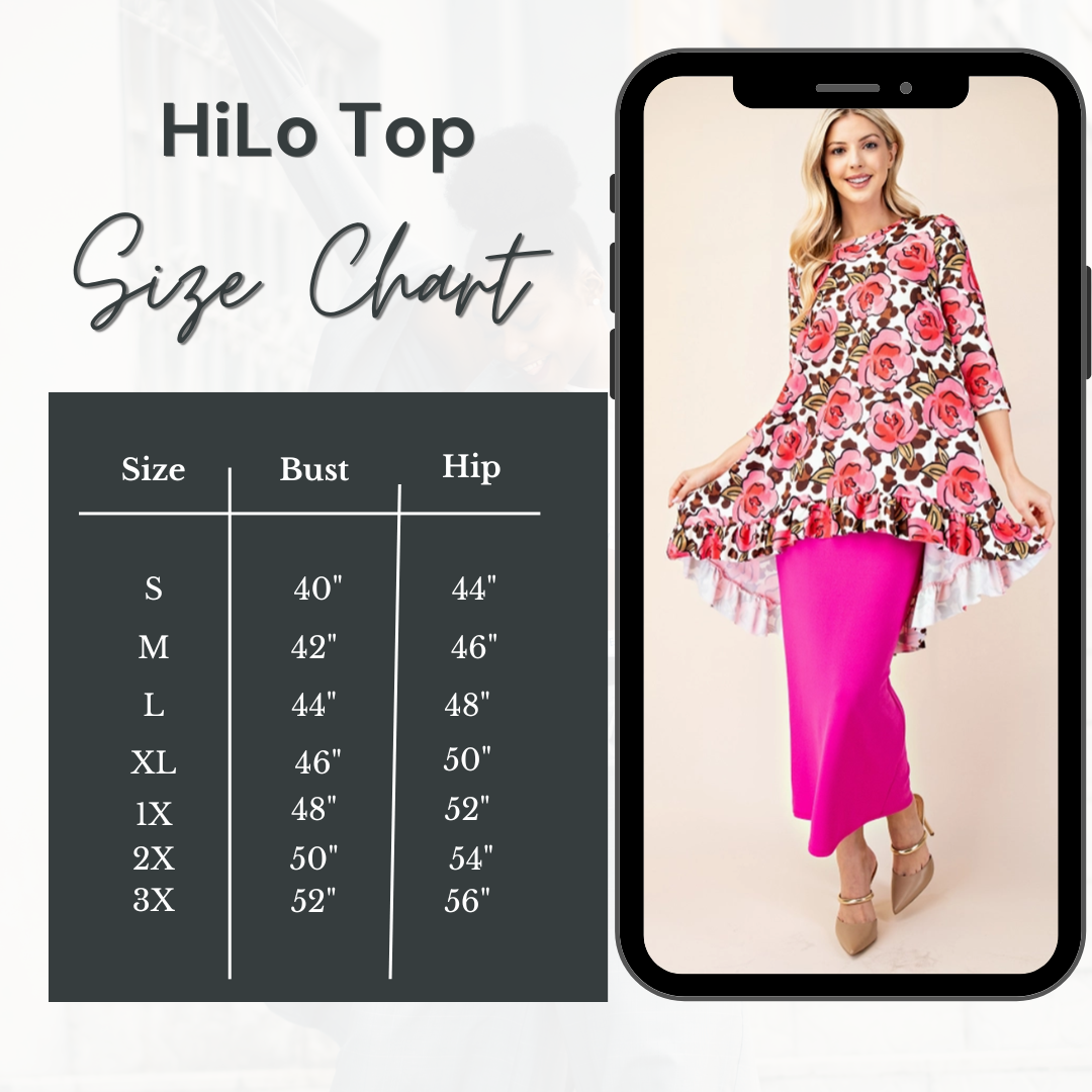 FLORAL AND ANIMAL PRINT HI_LO TOP S-3X  FINAL SALE! Cannot Be Returned!