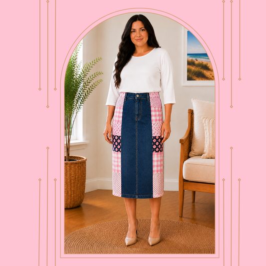 NEW! Pink Patchwork  ( Zipper/ Button )Jean Skirt: S-3X